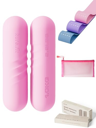 kure.fit Fitness Combo - 2 handvikter 1,0 kg. + 3 motståndsstövelband | pilates, yoga, dans, aerobics, löpning, kondition, gym, styrketräning | halkskydd | bärbart set för kvinnor och män | rosa