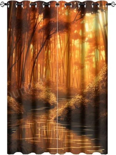 DEBAOKA Rustikale Bambus-Vorhänge mit Ösen, für Schlafzimmer und Wohnzimmer, verdunkelnd, Sommer, Sonnenuntergang, Natur, Fluss, 2 Paneele, Fenstervorhänge, wärmeisoliert, Verdunkelungsvorhänge