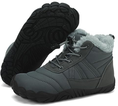 Mishansha Barfußschuhe Kinder Winter Barfussschuhe Winterschuhe Jungen Mädchen Winterstiefel Gefüttert Wasserdicht Barfuß Kinderschuhe Wanderschuhe Dunkelgrau, Gr.25 EU