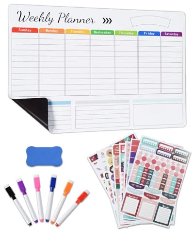 Otraki veckoplanerare magnetisk A3, veckoplanerare avtorkbar 42 × 29,5 cm whiteboard kalender magnetisk tavla matplanerare, familjeplanerare med 8 klistermärken för hem kök kontor skola