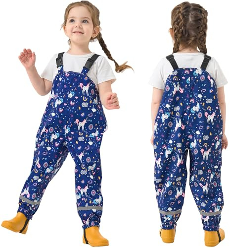 Toddler Waterproof Rain Bib Pants, Girls Rain Pants Kids Cartoon Rain Trousers Lightweight Mud Pants Rainwear