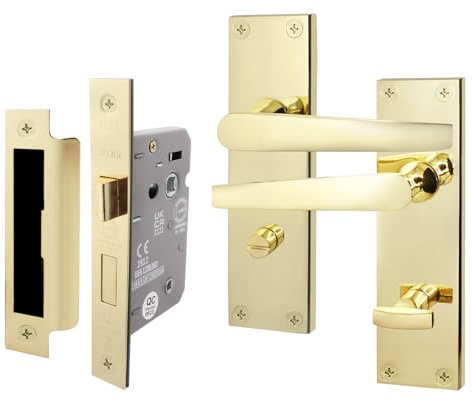 EAI Polished Brass Door Handles with Bathroom Lock 64mm | Complete Bathroom Kit with 1 Pair of Lever on Backplate Door Handles, 64mm Bathroom Lock, Fixings Included