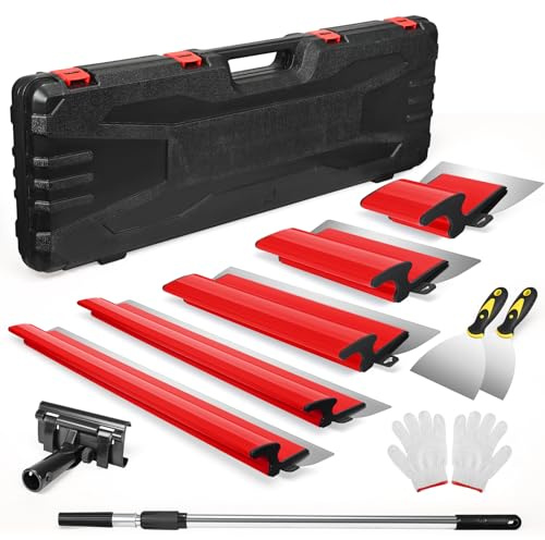 HIUYRFS Kit de spatules de surface - Lames de mastic 15 cm, 25 cm, 40 cm, 60 cm et 80 cm + manche d'extension de 85 cm à 130 cm, couteau de construction en acier inoxydable