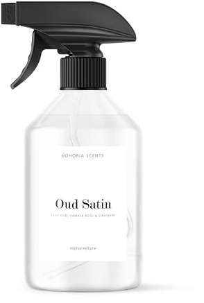 BOHORIA Espray para habitación premium Oud Satin 500 ml – Aroma floral y madera con Oud, rosa damascena, violeta, ámbar y vainilla, perfume para el hogar, la oficina y el baño (Oud Satin, 500 ml)