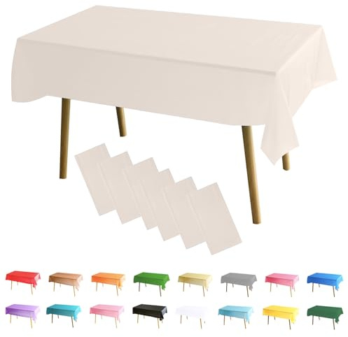 MOMAHUA 6-pack beige bordsduk, festbordsdukar, 137 x 274 cm rektangulära bordsskydd, stor avtorkningsbar plastbordsduk fest för picknick, baby shower, halloweenfest, juldekoration
