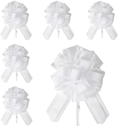 Bows for Gift Wrapping, Pull Bows for Gift Wrapping, 6Pcs Large White Pull Bows 7 Inch Easy Pull Ribbon Bows for Wedding Car Decoration Gift Hampers Baskets Just Married Car Styling Party Decor Use