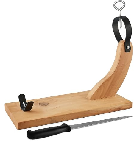 TIENDA EURASIA – Jamonero | Curvado | Incluye Cuchillo Jamonero | Estructura de Madera | Marrón Claro | Herrajes Metálicos Negro Epoxi | Pincho de Acero Acabado Cromado | Medidas 48x16.5x38 cm