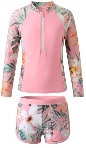 Keyck Traje de Baño Niña 2 Piezas Manga Larga Rash Guard 13-14 Años, Rosa