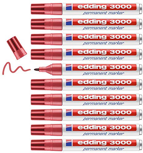 edding 3000 Permanentmarkör – karmin-röd – 10 pennor – rund spets 1,5–3 mm – snabbtorkande permanent markör – vattentät, torkbeständig – för kartong, plast, trä, metall – universalmarkörer
