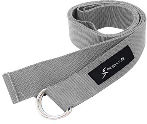 ProsourceFit Metal D-Ring Yoga Strap 8’ Durable Cotton for Stretching and Flexibility, Gray