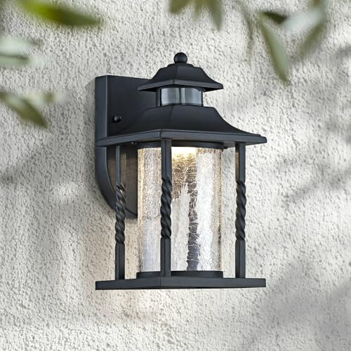 John Timberland Westray Outdoor Wall Light Fixture LED Black Lantern 11 1/2 Clear Crackled Glass Motion Sensor Dusk to Dawn for Exterior House Porch Patio Outside Deck Garage Front Door Home