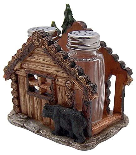 Log Cabin Bear Shaker Salt & Pepper Set, Woodland Kitchen Decor, 4 Inches