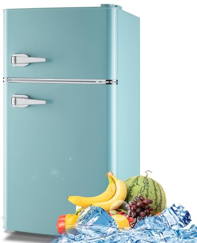 WANAI 3.5 Cu.ft Retro Mini Fridge with Freezer Small Retro Dual Door Refrigerator Freestanding Compact Refrigerator with Freezer 2 Door Mini Fridge for Bedroom, Dorm, Office Blue