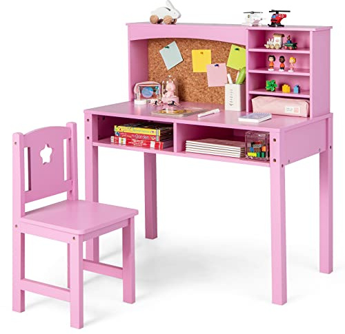 GYMAX Kids Desk and Chair Set, Wooden Children Study Table with Storage Space and Bulletin Board, Toddler Writing Desk Set for Boys Girls, 79 x 39 x 85 cm (Pink)