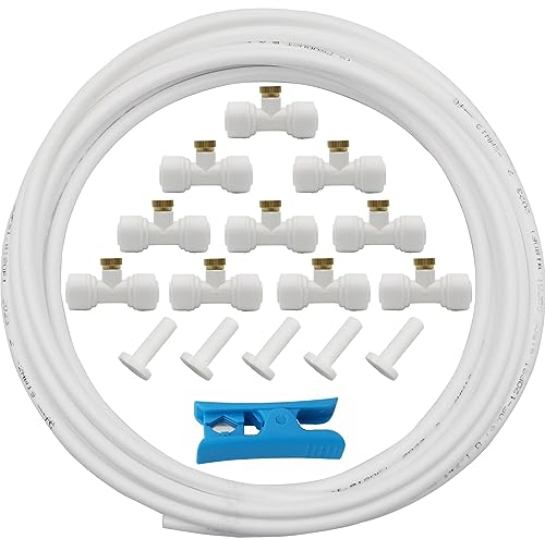 CESFONJER Sistema de Nebulización Refrigeración, Kit Nebulizador Terraza, Manguera de 5 m + 10 boquillas de niebla+ 10 asientos de niebla + 5 tapón final para patio, jardín, invernadero (Blanco)