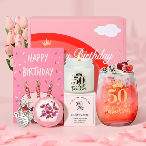 Tecanne 50 geburtstag frau geschenk, Geburtstagsverwöhngeschenke für sie, personalisiertes Glas 50. Weinglas Geschenkset, Geschenkbox für Mama, Schwester, beste Freunde