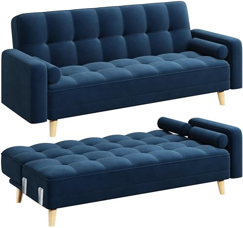 Yaheetech Modern Velvet Sofa Bed 3 Seater Click Clack Sofa Settee Recliner Couch with Wooden Legs for Living Room/Guest Room/Office Blue