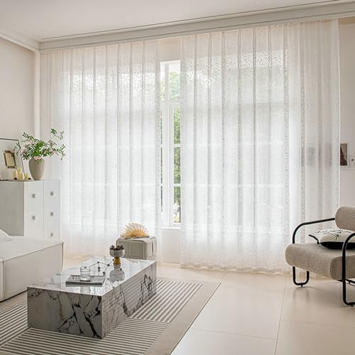 Beydodo Vorhänge Halbtransparent mit Schlaufen, Gardinenschals 2er Set Weiß mit Feuerwerk Motiv Französisch 137x244CM Lichtdurchlässige Gardinen Schiebevorhänge für Wohnzimmer Schlafzimmer Küche