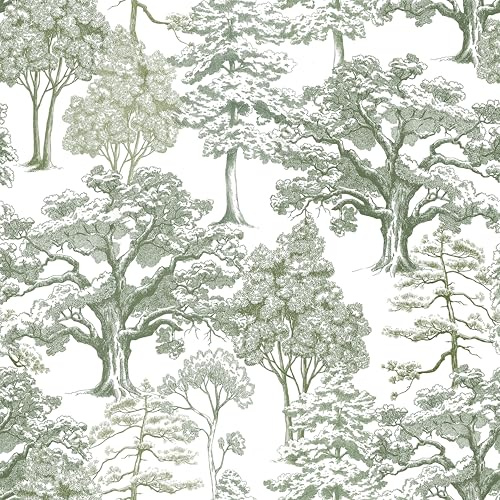 ReWallpaper Tree Wallpaper Grey Green Patterned Wallpaper for Bedroom Kids 44.5CM×7M White and Green Vinyl Wrap Pattern Toile de Jouy Bathroom Wall Paper Waterproof Self Adhesive Removable