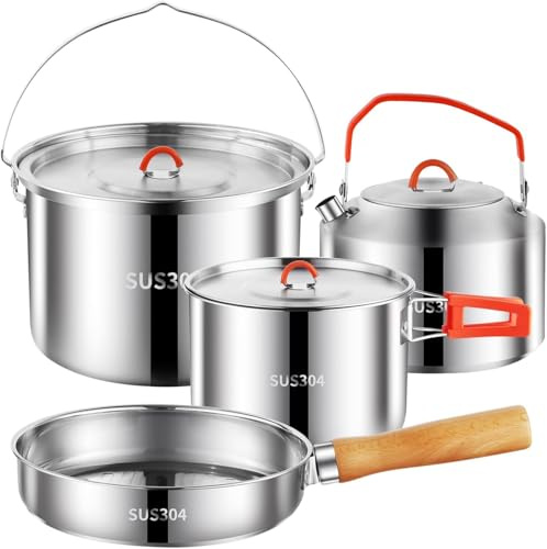 Juego de utensilios de cocina para camping, juego de cocina de camping de acero inoxidable 304, juego de ollas y sartenes, equipo de camping duradero con hervidor de agua para senderismo, cocina al