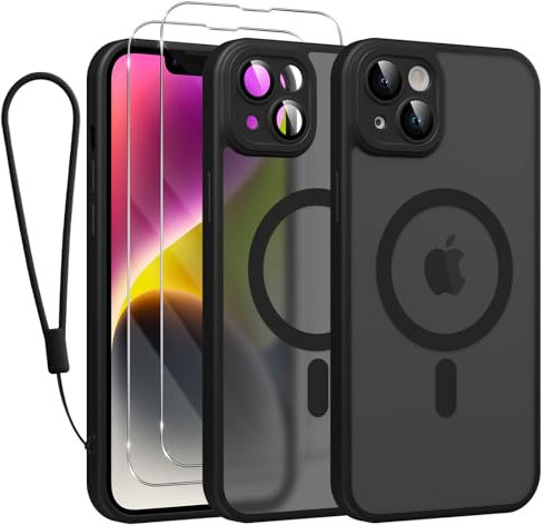 Rainway Magnetic Cover for iPhone 14 Case with 2 HD Screen Protector 1 Phone Lanyard, Compatible with MagSafe, Drop Protection Slim Shockproof Protective Translucent Matte Back Cell Phone Cover Black