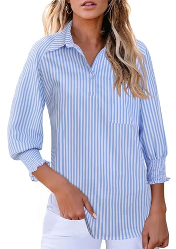 Kistore Women Summer Smocked Striped Blouses Button Down Shirts V Neck Top Dressy Casual Tops Tunic Blue Stripe L