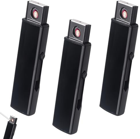 LEKEFETO Mechero electrónico de tormenta, 3 unidades, resistente al viento, con puerto USB, encendido de doble cara, sin llama, recargable por USB, color negro