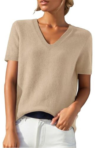 PODOLIXIA Jersey de manga corta para mujer, cuello de pico, de punto, monocolor, manga corta, jersey de punto fino, suave, respetuoso con la piel, para verano, suéter para mujer