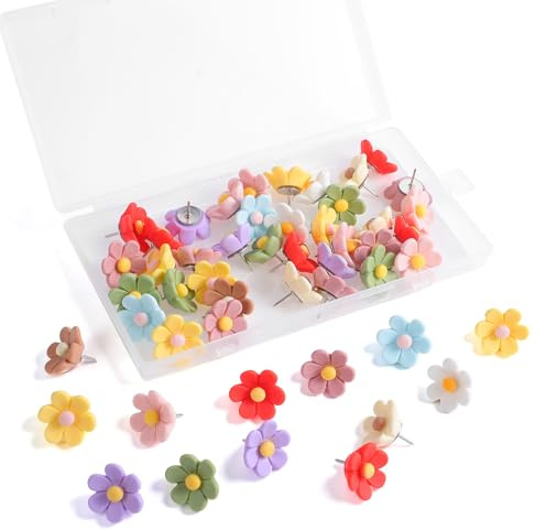 50 Stück Pinnadeln Bunt Blumen Reißzwecken Dekorative Kork Push Pins Blumige Pinnnadeln Blumen Reißzwecken für Korkplatte DIY Pinnwand Nadeln Korktafel Fotowand Büro