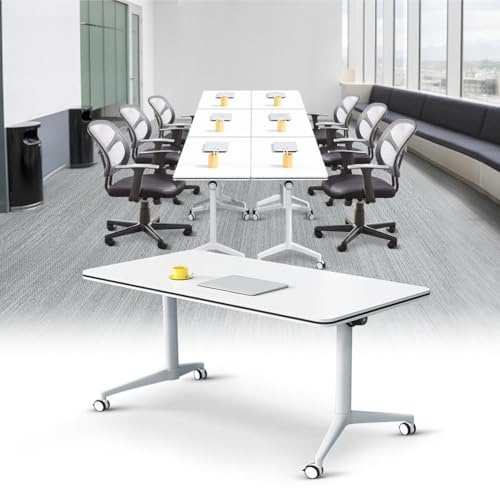 Portable Folding Conference Table, with Lockable Wheels, Modern Rectangular Desk with Wheels Mobile Training Table, for Office Classroom & Meeting Room, Easy to install,White,4Pack