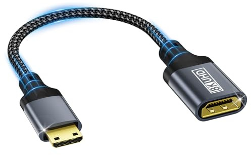 Kryoza 8K Mini HDMI till HDMI-adapter, mini HDMi kontakt på Hänge: hona adapter kabel stöd 8K@60Hz 4K@120 Hz, 48 Gbps, UHD,3D, HDR, eARC, kompatibel med videokamera, bärbar dator, surfplatta, HDTV