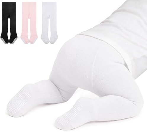 Zando 3 Pack Baby Tights Newborn Stockings Black White Pink 0-6 Mouths | Cable knit baby girl tights with grips, cotton seamless warmth, full-footed for crawling, walking, christening & winter.