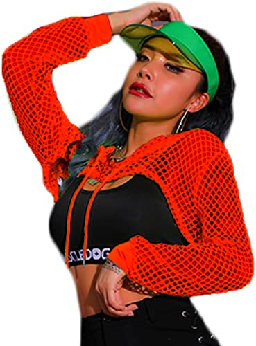 Avidlove Damen Fischnetz Top Langarm Hoodie Mesh Oberteil Kapuze Sexy Shirt | Neon Netzoberteil mit Kapuze Kordelzug,Fischnetz Top,Vorne Kurz und Hinten Lang,Rave Party Club Halloween Festival Outfit