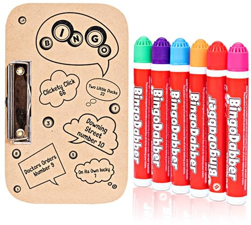 evelay Bingo-Dabbers und Brett-Set – 6 bunte Dabber und 1 Spielbrett für endlosen Bingo-Spaß