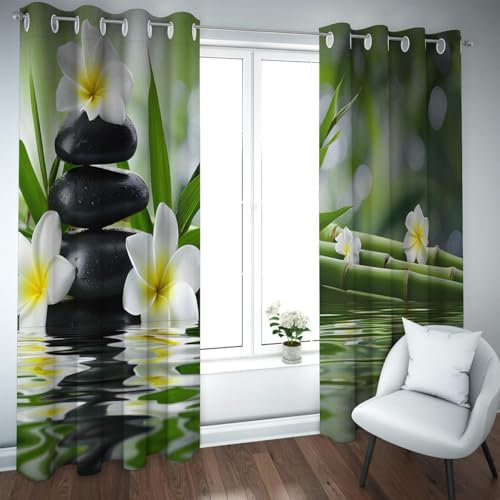 Deertweet Home Grüne Blätter Verdunkelungsvorhänge Schwarze Zen-Stein-Fenstervorhänge für Wohnzimmer Schlafzimmer Weiße Blumen Wärmeisolierter Vorhang 2 Paneele H138xB117