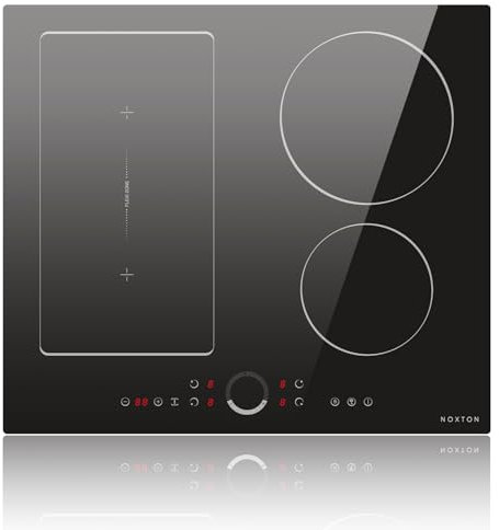 NOXTON Placa Inducción 4 Fuegos zona flexible con control deslizante redondo, empotrable de 60 cm, control táctil, función booster, temporizador, bloqueo para niños, 220 V-240 V, 7200 W, sin enchufe.