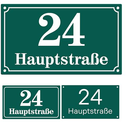 Sosenco Hausnummer mit Straßenname Personalisiert Laser Gravur (Grün) | Wetterfestes Addressschild aus Gravurmaterial. 3 Größen wählbar, Ort & Straßenname mit Wunsch-Grafik & Montage