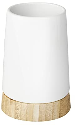 Wenko 17675100 Bicchiere Portaspazzolini Bamboo, Ceramica, Legno, 8 x 11,6 x 8 cm, Bianco