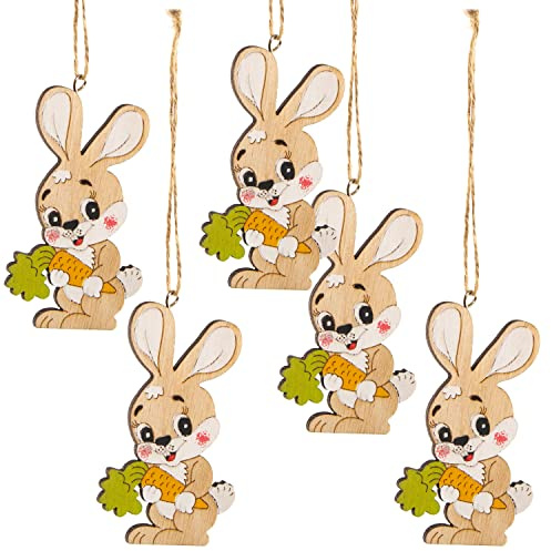 Osteranhänger Hasen, 5 Stück: Osterhasen zum Aufhängen, Osterdeko Holz, Anhänger Ostern, Osterschmuck Osterstrauch & Fenster, Oster-Deko mit Schnur, Geschenkanhänger Kinder, Frühlingsdeko Klein, 9 cm