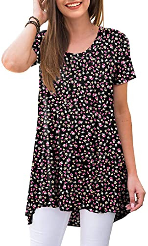 POPYOUNG Women's Summer Long Tunic Top To Wear With Leggings Short Sleeve Shirt Loose Fit Dressy XL, Small Flower Black