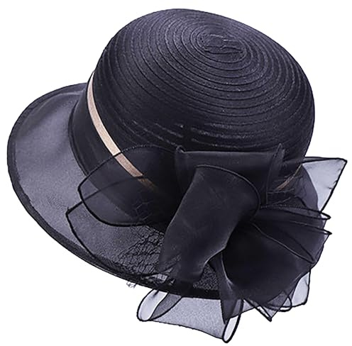 Organza-Fascinator für Teeparty, Derby-Hüte für Damen, breite Krempe, Kirche, Sonntag, Sonnenhut, Schwarz, Medium