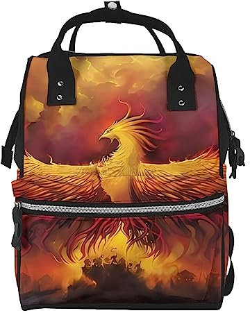 OrcoW Fantasy Phoenix Print Wickeltasche Mumie Rucksack Große Kapazität Multifunktions Wasserdichte Windeltasche Für Mama Und Papa, Schwarz , One size