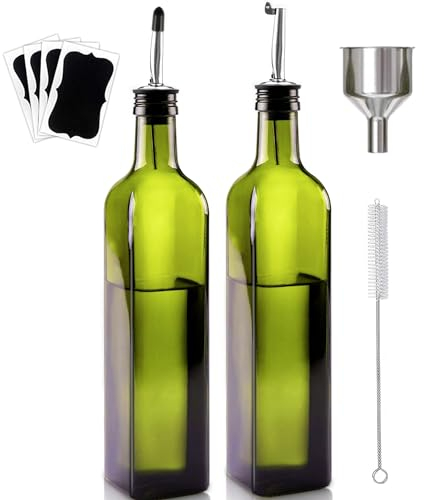 Showvigor Aceitera de Vidrio, 2Pcs 500 ml Botella Dispensadora Aceite con Embudo, Tapa Antiincrustante, Botella Aceite para Cocina y Barbacoa (Verde)