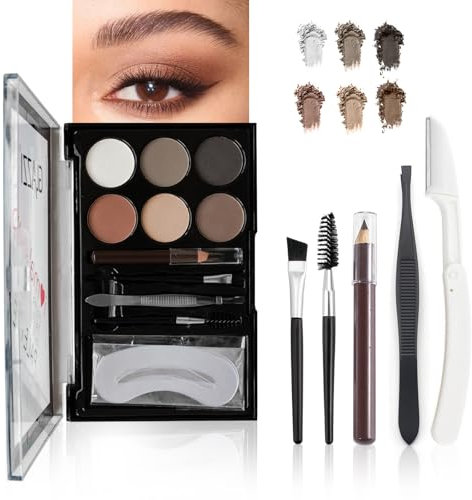 Liameph All-in-One Eyebrow Kit - 6-Color Stamp and Powder Set With Stencils, Brushes, Pencil, Tweezer and Knife - Waterproof