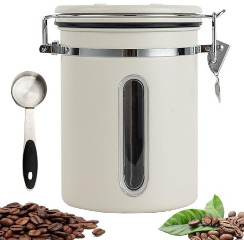 Barattolo Caffè Ermetico con Quadrante Della Data & Cucchiaio Misurini, Lattina Acciaio Inox 1,8 L , Contenitore Chicchi per Conservare Fresco Tè, Noci, Cacao, Spezie, Tè, Noci, Zucchero, Polvere