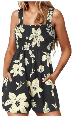 Playsuits for Women Jumpsuits with Pockets Ladies Dungarees Romper, Summer Outfits Short Jumpsuit Women's Floral Sleeveless Shorts Jumpsuit Crewneck Loose (Black-2, XXL)