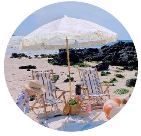 2.0m Garden Umbrella Tilting Premium Wood Pole UPF 50+, Portable Beach Parasols With Tassels For Outdoor Patio Lawn Pool Yard(White)