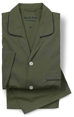 THE SAVILE ROW COMPANY LONDON Men's Luxury 100% Soft Cotton Poplin Pyjamas - Khaki With Piping - XXL