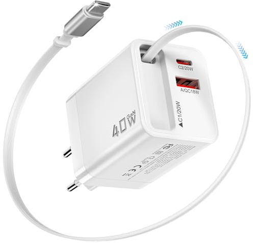 KAIMENGLONG 40 W USB C-laddare, 3-portars snabbladdare med infällbar USBC-laddningskabel, bärbar multipel GaN-laddare för Phone 17/16/15, MacBook, iPad, surfplatta, Samsung Galaxy S25