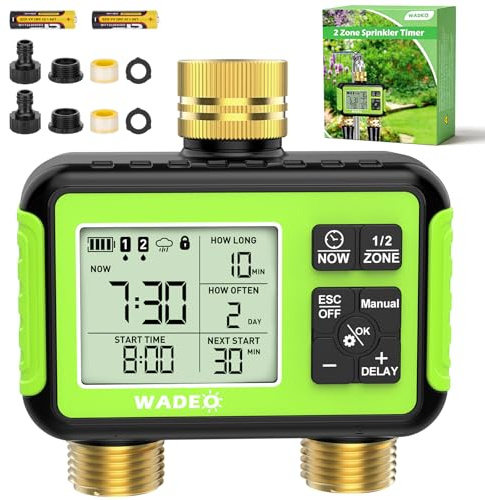 WADEO Programador de riego 2 Salidas, Entrada y Salida de latón, Pantalla LCD, riego automático, Temporizador de Agua con Modo automático/Manual/retardo por Lluvia, para jardín y césped